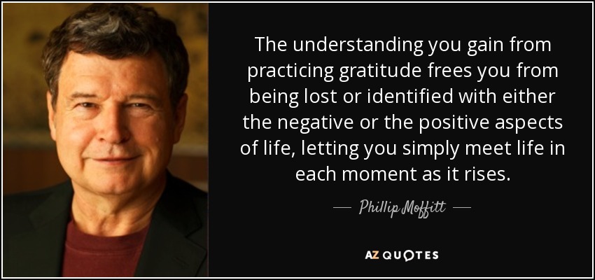 The understanding you gain from practicing gratitude frees you from being lost or identified with either the negative or the positive aspects of life, letting you simply meet life in each moment as it rises. - Phillip Moffitt