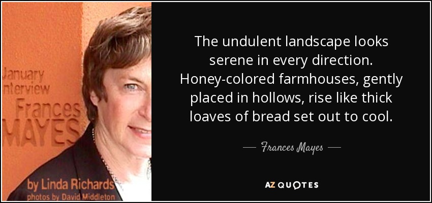 The undulent landscape looks serene in every direction. Honey-colored farmhouses, gently placed in hollows, rise like thick loaves of bread set out to cool. - Frances Mayes