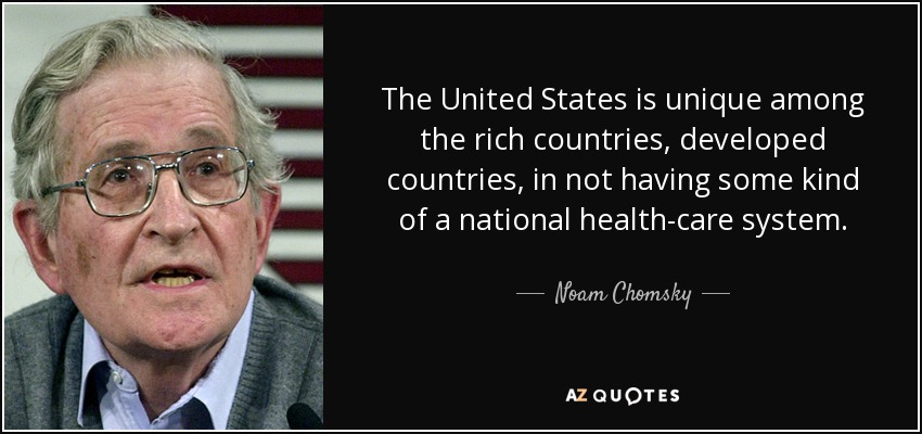 The United States is unique among the rich countries, developed countries, in not having some kind of a national health-care system. - Noam Chomsky