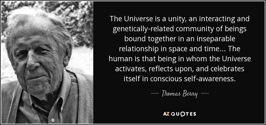 The Universe is a unity, an interacting and genetically-related community of beings bound together in an inseparable relationship in space and time... The human is that being in whom the Universe activates, reflects upon, and celebrates itself in conscious self-awareness. - Thomas Berry