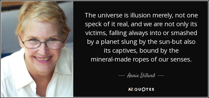 The universe is illusion merely, not one speck of it real, and we are not only its victims, falling always into or smashed by a planet slung by the sun-but also its captives, bound by the mineral-made ropes of our senses. - Annie Dillard