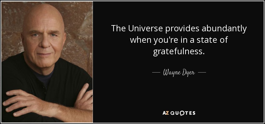 The Universe provides abundantly when you're in a state of gratefulness. - Wayne Dyer