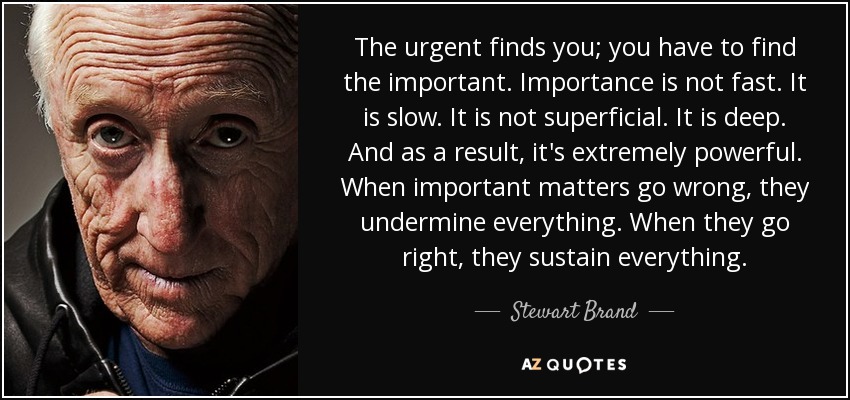 The urgent finds you; you have to find the important. Importance is not fast. It is slow. It is not superficial. It is deep. And as a result, it's extremely powerful. When important matters go wrong, they undermine everything. When they go right, they sustain everything. - Stewart Brand