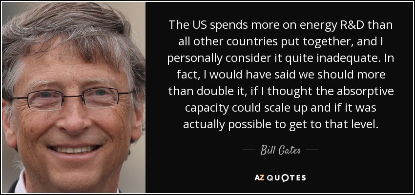 The US spends more on energy R&D than all other countries put together, and I personally consider it quite inadequate. In fact, I would have said we should more than double it, if I thought the absorptive capacity could scale up and if it was actually possible to get to that level. - Bill Gates