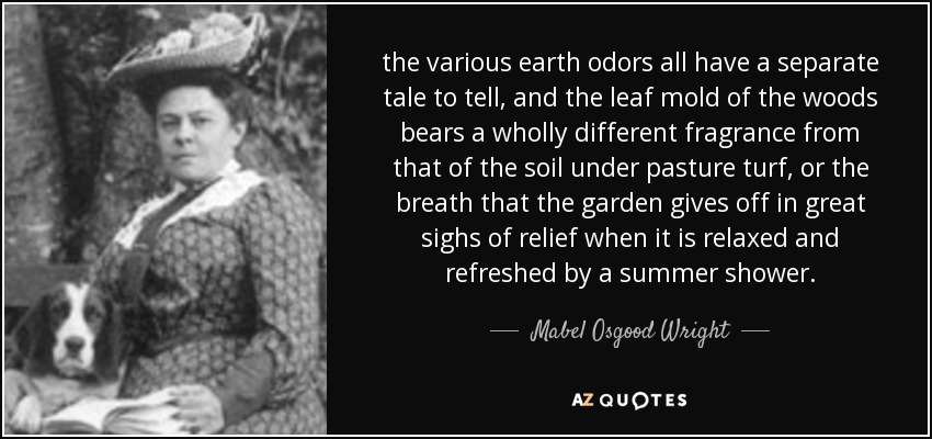 the various earth odors all have a separate tale to tell, and the leaf mold of the woods bears a wholly different fragrance from that of the soil under pasture turf, or the breath that the garden gives off in great sighs of relief when it is relaxed and refreshed by a summer shower. - Mabel Osgood Wright