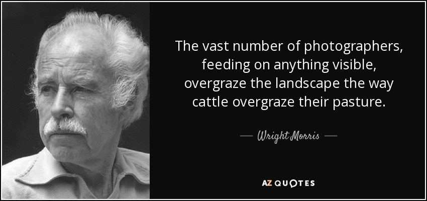 The vast number of photographers, feeding on anything visible, overgraze the landscape the way cattle overgraze their pasture. - Wright Morris