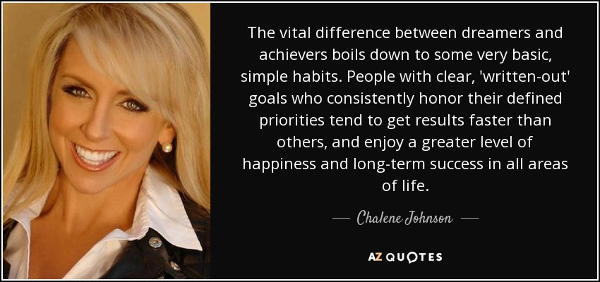 The vital difference between dreamers and achievers boils down to some very basic, simple habits. People with clear, 'written-out' goals who consistently honor their defined priorities tend to get results faster than others, and enjoy a greater level of happiness and long-term success in all areas of life. - Chalene Johnson
