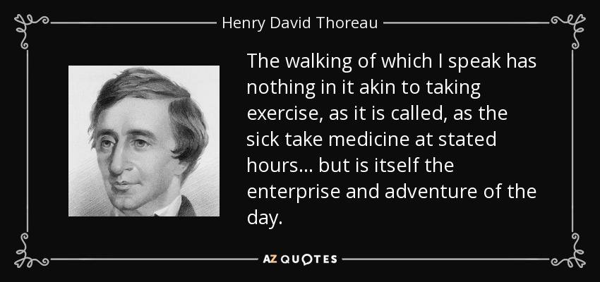 The walking of which I speak has nothing in it akin to taking exercise, as it is called, as the sick take medicine at stated hours ... but is itself the enterprise and adventure of the day. - Henry David Thoreau