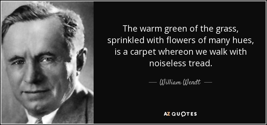 The warm green of the grass, sprinkled with flowers of many hues, is a carpet whereon we walk with noiseless tread. - William Wendt