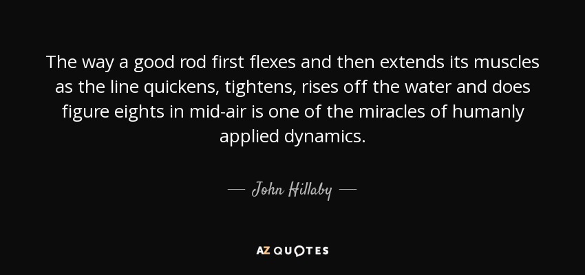 The way a good rod first flexes and then extends its muscles as the line quickens, tightens, rises off the water and does figure eights in mid-air is one of the miracles of humanly applied dynamics. - John Hillaby