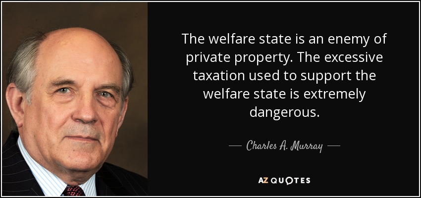 The welfare state is an enemy of private property. The excessive taxation used to support the welfare state is extremely dangerous. - Charles A. Murray