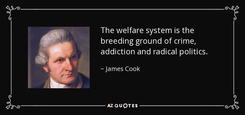 The welfare system is the breeding ground of crime, addiction and radical politics. - James Cook