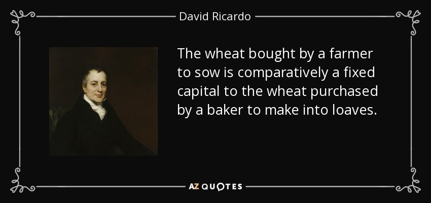 The wheat bought by a farmer to sow is comparatively a fixed capital to the wheat purchased by a baker to make into loaves. - David Ricardo