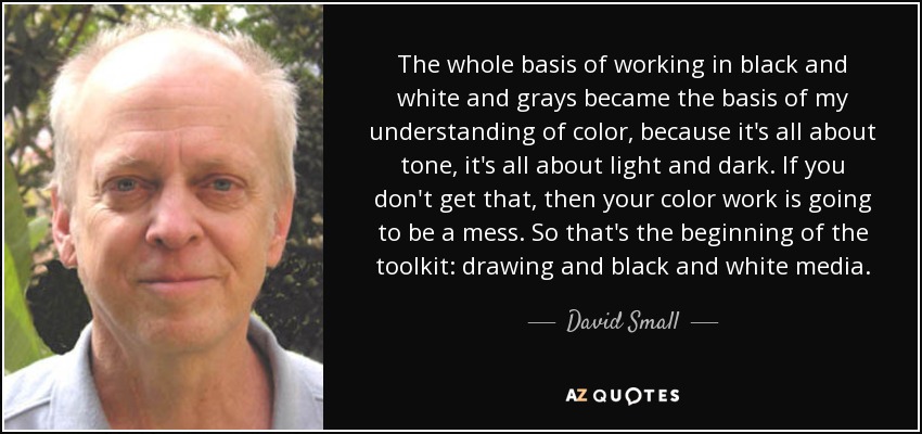 The whole basis of working in black and white and grays became the basis of my understanding of color, because it's all about tone, it's all about light and dark. If you don't get that, then your color work is going to be a mess. So that's the beginning of the toolkit: drawing and black and white media. - David Small