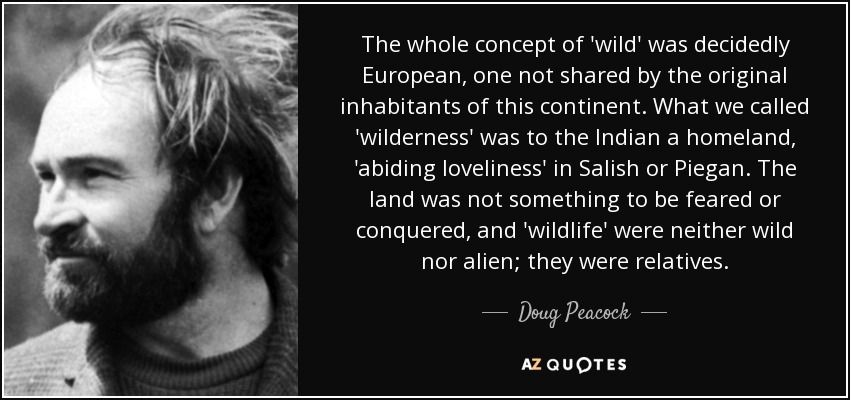 The whole concept of 'wild' was decidedly European, one not shared by the original inhabitants of this continent. What we called 'wilderness' was to the Indian a homeland, 'abiding loveliness' in Salish or Piegan. The land was not something to be feared or conquered, and 'wildlife' were neither wild nor alien; they were relatives. - Doug Peacock