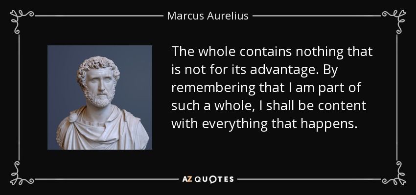 The whole contains nothing that is not for its advantage. By remembering that I am part of such a whole, I shall be content with everything that happens. - Marcus Aurelius