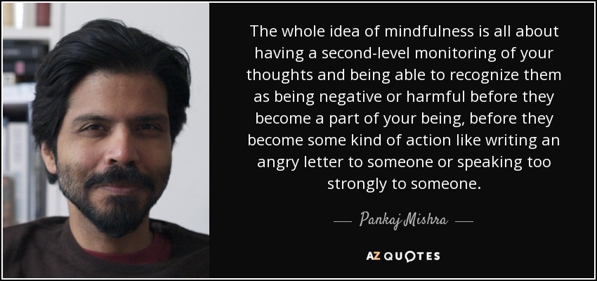 The whole idea of mindfulness is all about having a second-level monitoring of your thoughts and being able to recognize them as being negative or harmful before they become a part of your being, before they become some kind of action like writing an angry letter to someone or speaking too strongly to someone. - Pankaj Mishra
