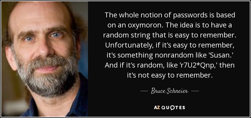 The whole notion of passwords is based on an oxymoron. The idea is to have a random string that is easy to remember. Unfortunately, if it's easy to remember, it's something nonrandom like 'Susan.' And if it's random, like 'r7U2*Qnp,' then it's not easy to remember. - Bruce Schneier