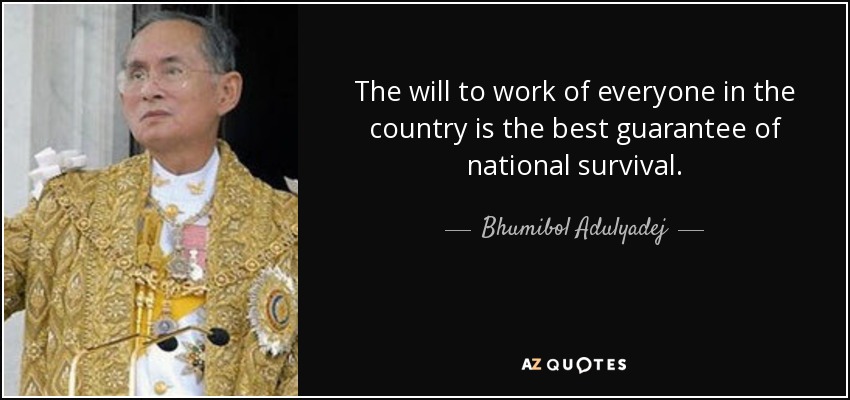 The will to work of everyone in the country is the best guarantee of national survival. - Bhumibol Adulyadej