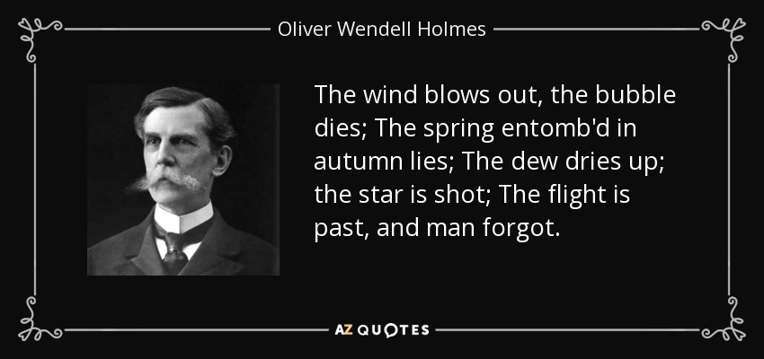 The wind blows out, the bubble dies; The spring entomb'd in autumn lies; The dew dries up; the star is shot; The flight is past, and man forgot. - Oliver Wendell Holmes, Jr.