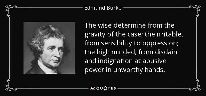 The wise determine from the gravity of the case; the irritable, from sensibility to oppression; the high minded, from disdain and indignation at abusive power in unworthy hands. - Edmund Burke