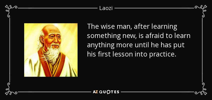 The wise man, after learning something new, is afraid to learn anything more until he has put his first lesson into practice. - Laozi