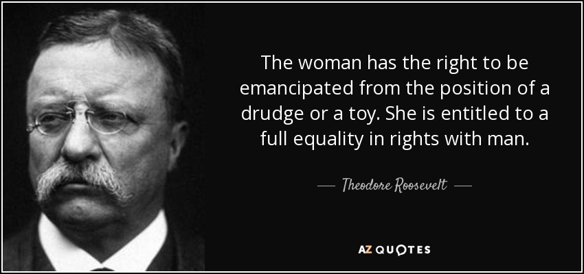 The woman has the right to be emancipated from the position of a drudge or a toy. She is entitled to a full equality in rights with man. - Theodore Roosevelt