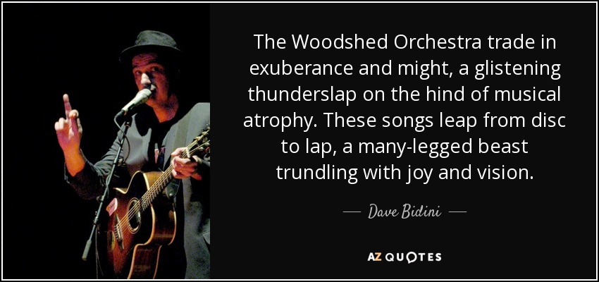 The Woodshed Orchestra trade in exuberance and might, a glistening thunderslap on the hind of musical atrophy. These songs leap from disc to lap, a many-legged beast trundling with joy and vision. - Dave Bidini