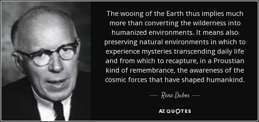 The wooing of the Earth thus implies much more than converting the wilderness into humanized environments. It means also preserving natural environments in which to experience mysteries transcending daily life and from which to recapture, in a Proustian kind of remembrance, the awareness of the cosmic forces that have shaped humankind. - Rene Dubos