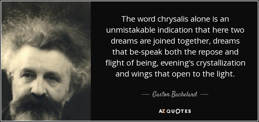 The word chrysalis alone is an unmistakable indication that here two dreams are joined together, dreams that be-speak both the repose and flight of being, evening's crystallization and wings that open to the light. - Gaston Bachelard