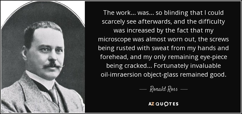 The work ... was ... so blinding that I could scarcely see afterwards, and the difficulty was increased by the fact that my microscope was almost worn out, the screws being rusted with sweat from my hands and forehead, and my only remaining eye-piece being cracked... Fortunately invaluable oil-imraersion object-glass remained good. - Ronald Ross