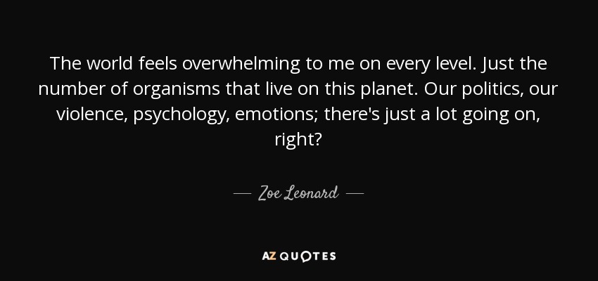 The world feels overwhelming to me on every level. Just the number of organisms that live on this planet. Our politics, our violence, psychology, emotions; there's just a lot going on, right? - Zoe Leonard