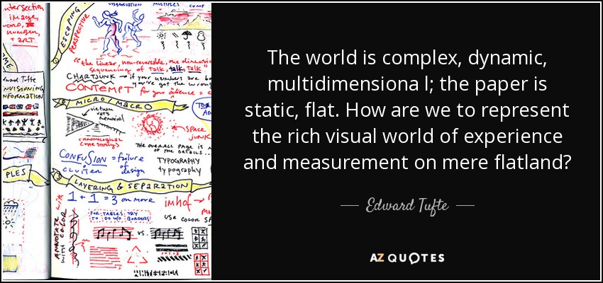 The world is complex, dynamic, multidimensiona l; the paper is static, flat. How are we to represent the rich visual world of experience and measurement on mere flatland? - Edward Tufte