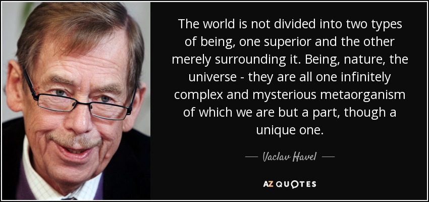 The world is not divided into two types of being, one superior and the other merely surrounding it. Being, nature, the universe - they are all one infinitely complex and mysterious metaorganism of which we are but a part, though a unique one. - Vaclav Havel