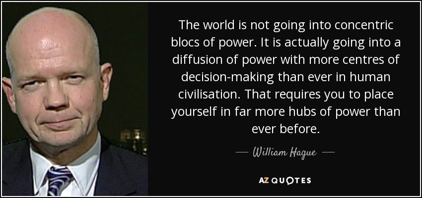 The world is not going into concentric blocs of power. It is actually going into a diffusion of power with more centres of decision-making than ever in human civilisation. That requires you to place yourself in far more hubs of power than ever before. - William Hague
