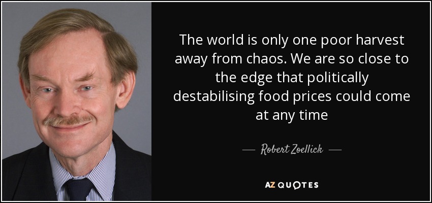 The world is only one poor harvest away from chaos. We are so close to the edge that politically destabilising food prices could come at any time - Robert Zoellick