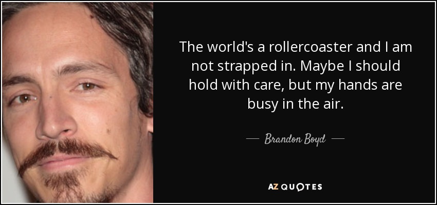 The world's a rollercoaster and I am not strapped in. Maybe I should hold with care, but my hands are busy in the air. - Brandon Boyd