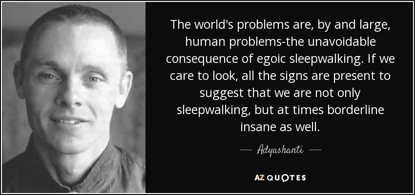 The world's problems are, by and large, human problems-the unavoidable consequence of egoic sleepwalking. If we care to look, all the signs are present to suggest that we are not only sleepwalking, but at times borderline insane as well. - Adyashanti