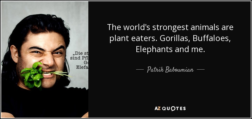 The world's strongest animals are plant eaters. Gorillas, Buffaloes, Elephants and me. - Patrik Baboumian