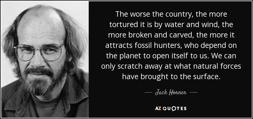 The worse the country, the more tortured it is by water and wind, the more broken and carved, the more it attracts fossil hunters, who depend on the planet to open itself to us. We can only scratch away at what natural forces have brought to the surface. - Jack Horner