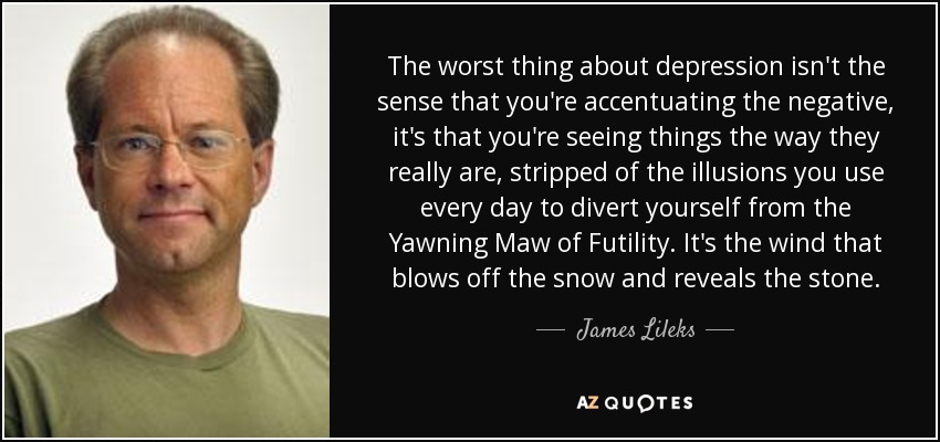 The worst thing about depression isn't the sense that you're accentuating the negative, it's that you're seeing things the way they really are, stripped of the illusions you use every day to divert yourself from the Yawning Maw of Futility. It's the wind that blows off the snow and reveals the stone. - James Lileks