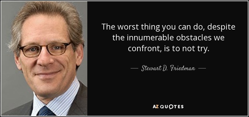 The worst thing you can do, despite the innumerable obstacles we confront, is to not try. - Stewart D. Friedman