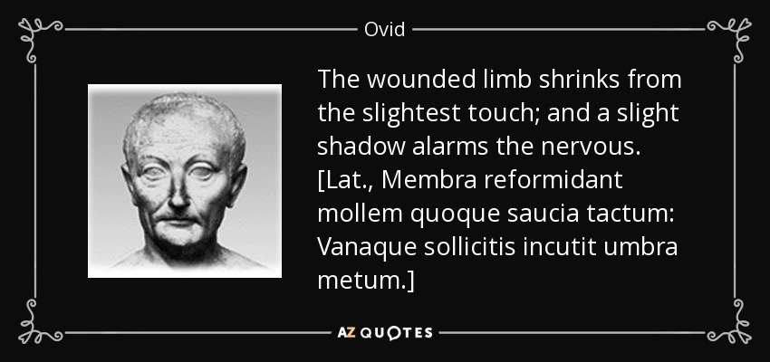 The wounded limb shrinks from the slightest touch; and a slight shadow alarms the nervous. [Lat., Membra reformidant mollem quoque saucia tactum: Vanaque sollicitis incutit umbra metum.] - Ovid