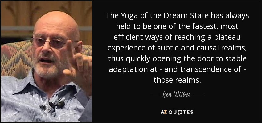 The Yoga of the Dream State has always held to be one of the fastest, most efficient ways of reaching a plateau experience of subtle and causal realms, thus quickly opening the door to stable adaptation at - and transcendence of - those realms. - Ken Wilber