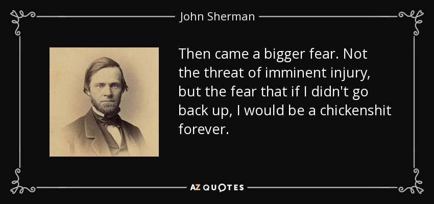 Then came a bigger fear. Not the threat of imminent injury, but the fear that if I didn't go back up, I would be a chickenshit forever. - John Sherman