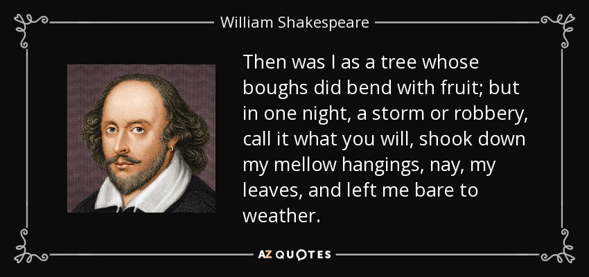 Then was I as a tree whose boughs did bend with fruit; but in one night, a storm or robbery, call it what you will, shook down my mellow hangings, nay, my leaves, and left me bare to weather. - William Shakespeare