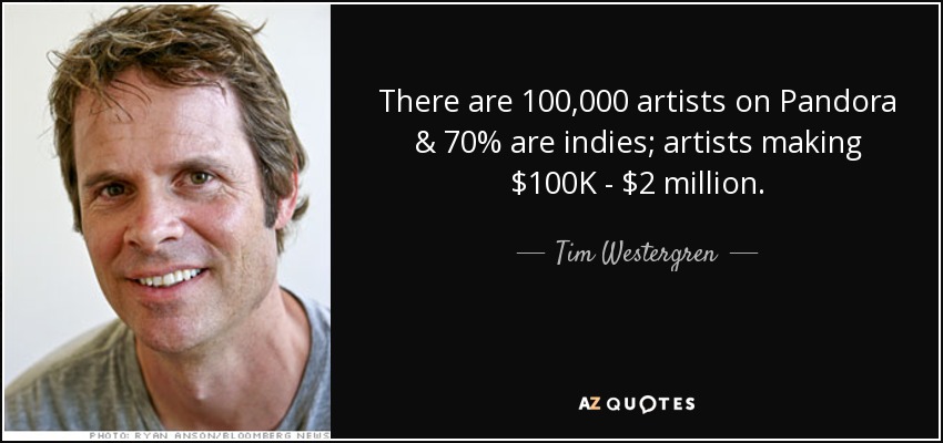 There are 100,000 artists on Pandora & 70% are indies; artists making $100K - $2 million. - Tim Westergren