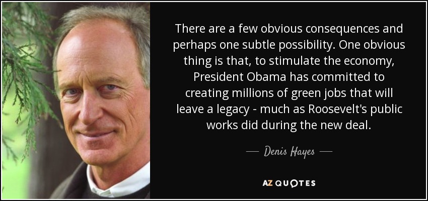 There are a few obvious consequences and perhaps one subtle possibility. One obvious thing is that, to stimulate the economy, President Obama has committed to creating millions of green jobs that will leave a legacy - much as Roosevelt's public works did during the new deal. - Denis Hayes