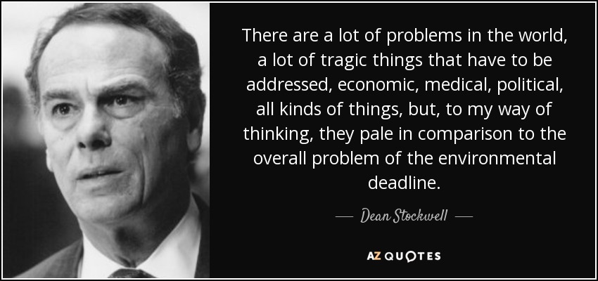 There are a lot of problems in the world, a lot of tragic things that have to be addressed, economic, medical, political, all kinds of things, but, to my way of thinking, they pale in comparison to the overall problem of the environmental deadline. - Dean Stockwell