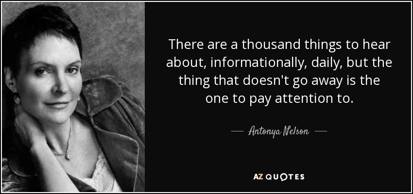 There are a thousand things to hear about, informationally, daily, but the thing that doesn't go away is the one to pay attention to. - Antonya Nelson